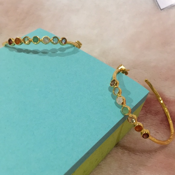 Shaanti Natural Gemstone Encrusted Hoop Earrings Gold Toned Alloy NWT 1.75” hoop - Picture 5 of 11